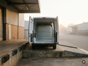 Witte bestelwagen met open laadruimte op industrieel laaddok, omgeven door ochtendmist en zacht amberkleurig zonlicht.