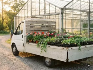 Witte bestelwagen met open laadbak vol bloeiende potplanten en kwekerijen bij een serrecomplex in vroeg ochtendlicht.