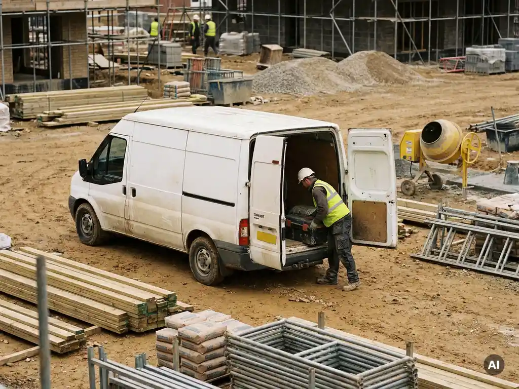 Aannemer laadt gereedschap in witte bestelbus op bouwplaats met steigers en betonmixer op de achtergrond.