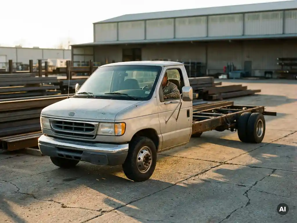 Kaal chassis-cab truck met zichtbare frameconstructie, geparkeerd op industrieel terrein in warm middaglicht.
