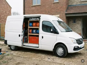 Witte Maxus bestelwagen met open zijdeuren vol elektriciteitskabels, leidingbuizen en gereedschapskist voor een bakstenen woning.