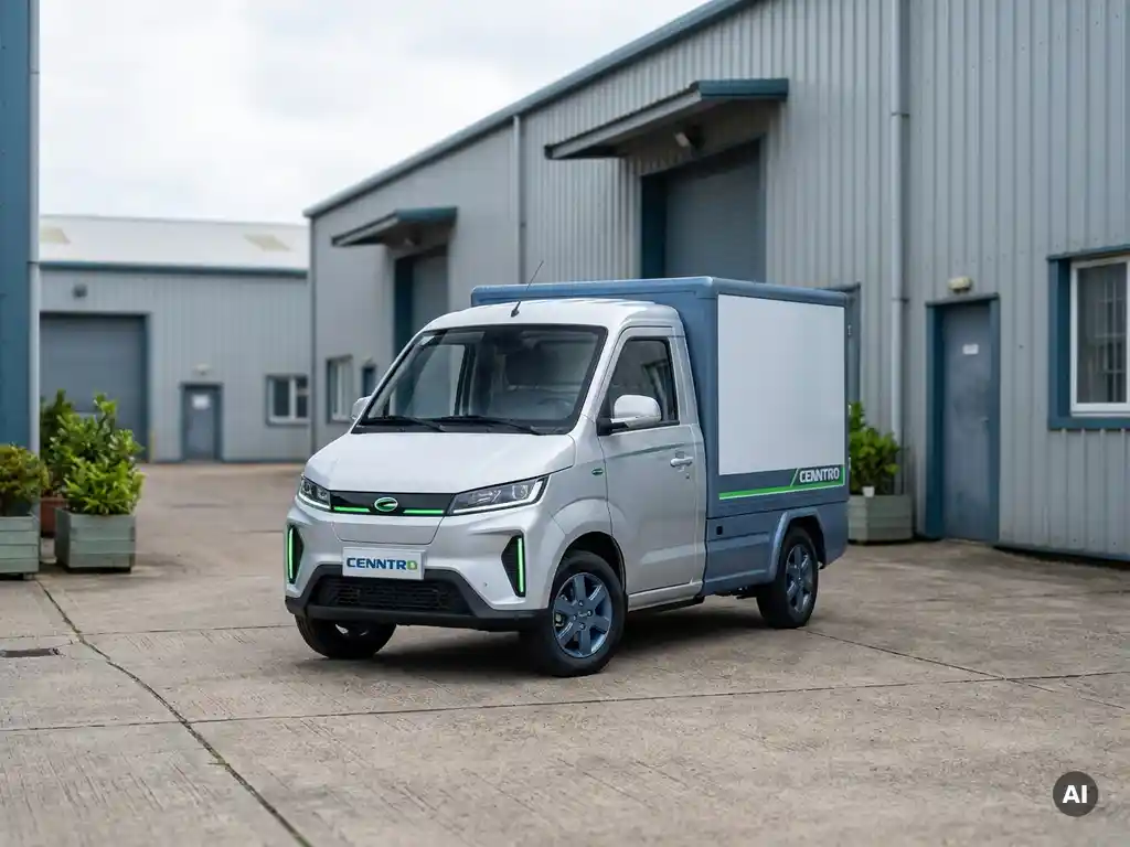 Elektrisch Cenntro-bedrijfsvoertuig geparkeerd op een industrieel logistiek terrein met magazijnen op de achtergrond.