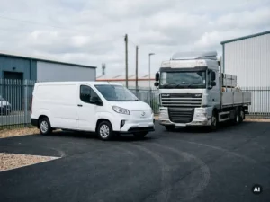 Witte Maxus elektrische bestelwagen en DAF vrachtwagen met vlakke laadbak geparkeerd op industrieel terrein.
