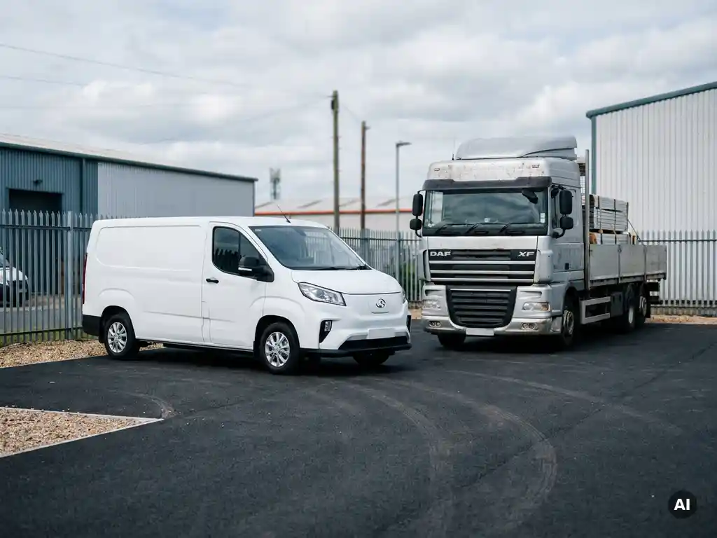 Witte Maxus elektrische bestelwagen en DAF vrachtwagen met vlakke laadbak geparkeerd op industrieel terrein.