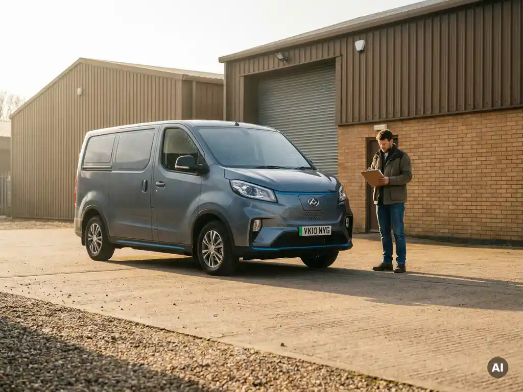 Maxus elektrische bedrijfsvan geparkeerd op een zakelijk bedrijventerrein, ondernemer met klembord in ochtendlicht.