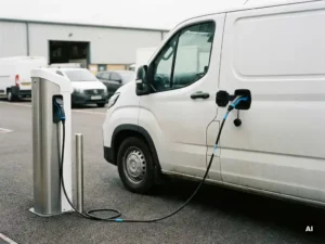 Witte elektrische Maxus bezorgbus aangesloten op laadstation in commercieel depot, laadkabel verbonden, bewolkt daglicht.