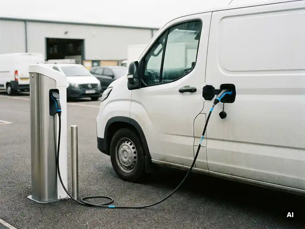 Witte elektrische Maxus bezorgbus aangesloten op laadstation in commercieel depot, laadkabel verbonden, bewolkt daglicht.