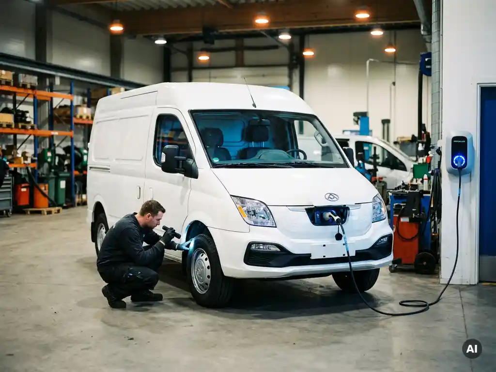 Witte Maxus elektrische bezorgbus aangesloten op laadstation, technicus inspecteert het onderstel bij het voorwiel in een commerciële werkplaats.