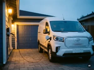 Witte Maxus elektrische bezorgbus opgeladen bij thuislaadstation op oprit in de schemering, met zichtbare garagedeur op de achtergrond.