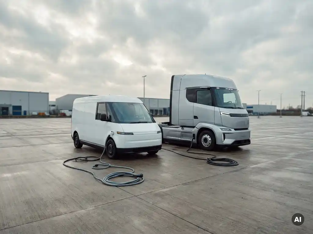 Witte elektrische bestelwagen en vrachtwagen zij aan zij op een commercieel logistiek terrein, met laadkabels op de grond.