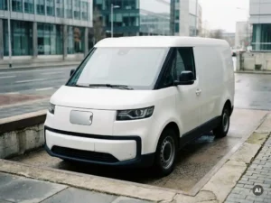 Witte elektrische bezorgbus geparkeerd op een stedelijke laadplek, met zichtbare laadpoort en glazen kantoorgebouwen op de achtergrond.