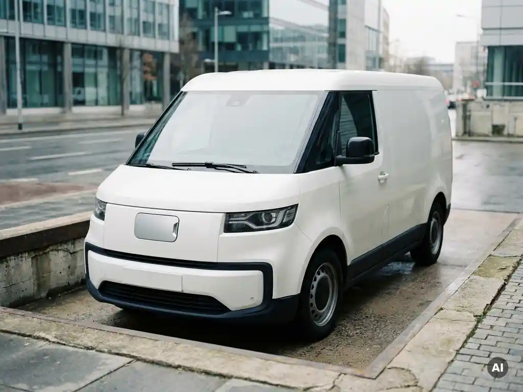 Witte elektrische bezorgbus geparkeerd op een stedelijke laadplek, met zichtbare laadpoort en glazen kantoorgebouwen op de achtergrond.