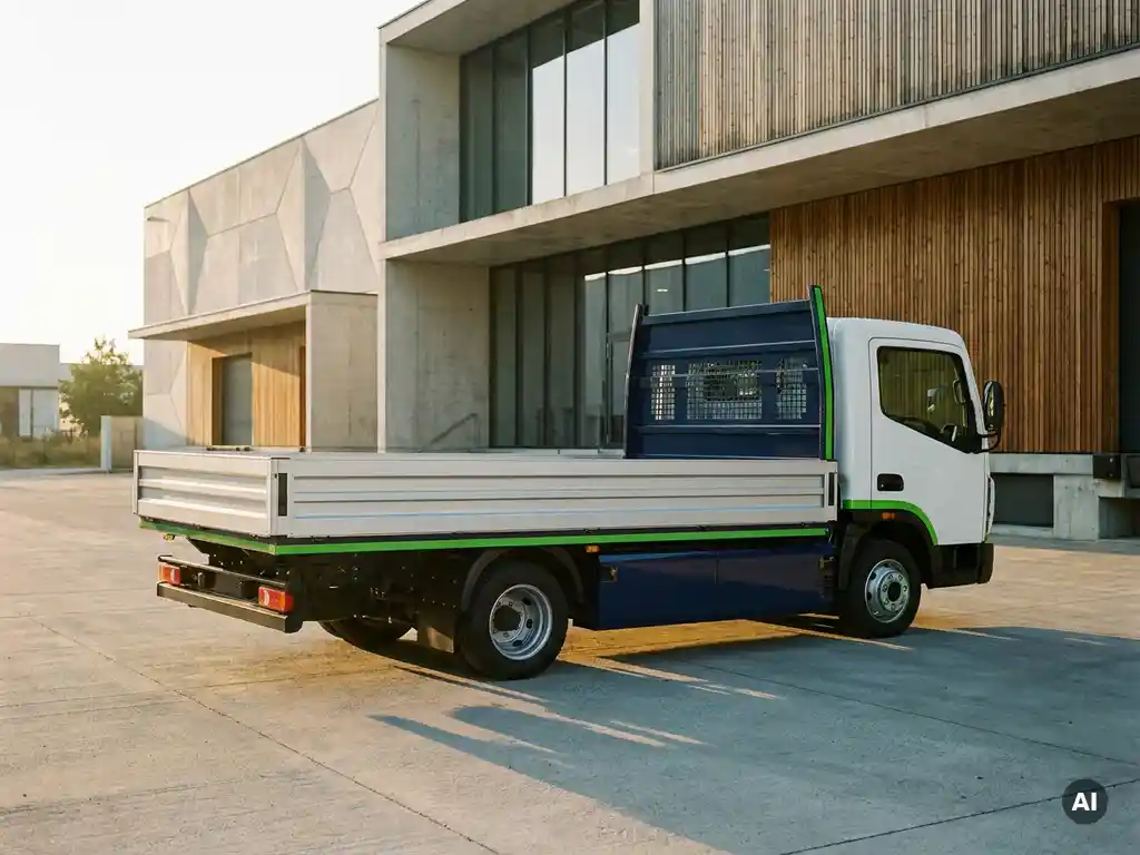 Elektrische flatbed truck geparkeerd bij modern stedelijk logistiek centrum, lege laadvloer, gouden-uursbelichting op beton.