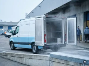 Elektrische gekoelde bestelwagen bij laaddok van koelopslagfaciliteit, achterdeuren open met zichtbaar geïsoleerd laadruim en lichte vorstmist.