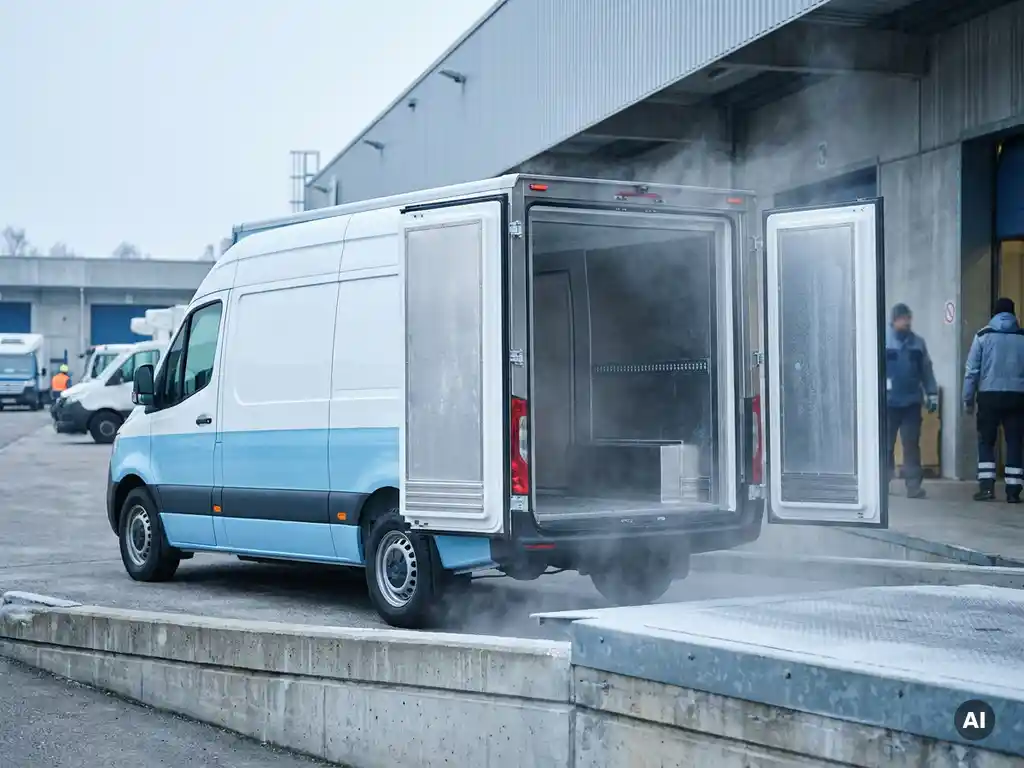 Elektrische gekoelde bestelwagen bij laaddok van koelopslagfaciliteit, achterdeuren open met zichtbaar geïsoleerd laadruim en lichte vorstmist.