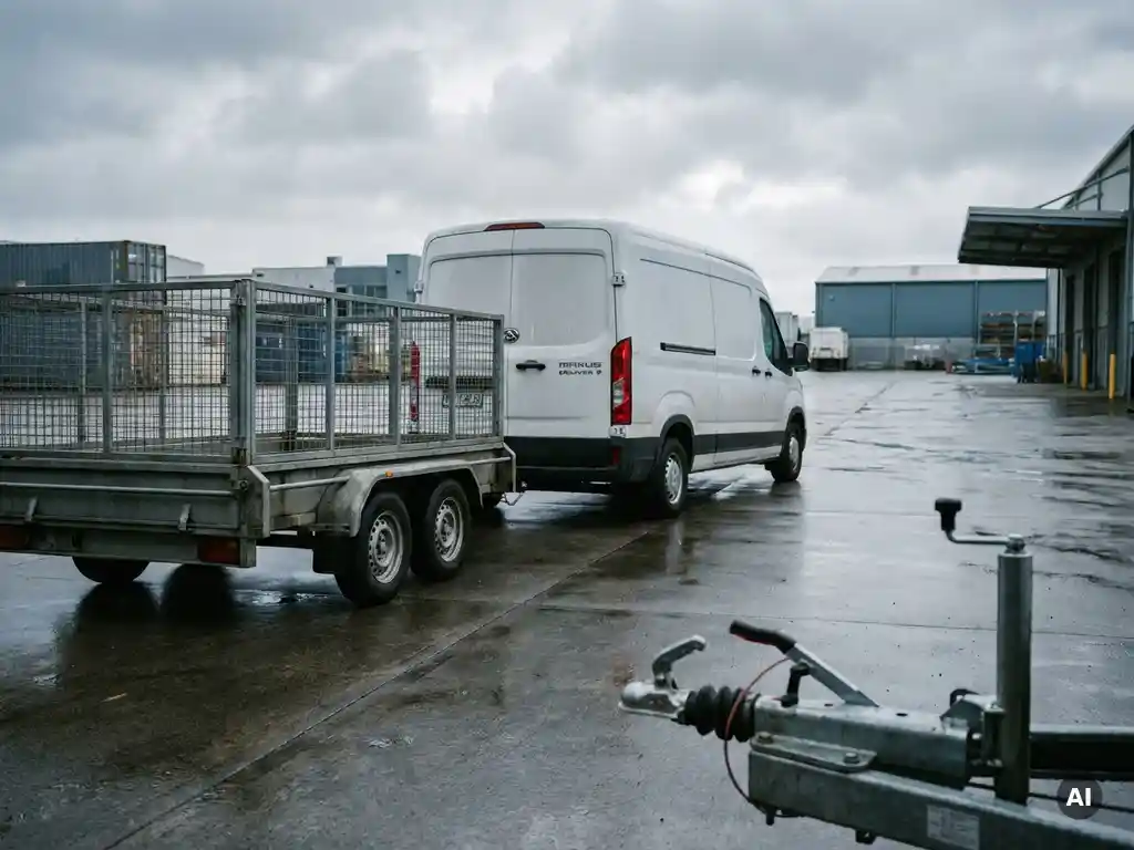 Witte elektrische Maxus bestelwagen met aanhanger op commercieel laadperron, trekkoppeling scherp in beeld, bewolkte industriële achtergrond.