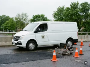 Witte Maxus elektrische bestelwagen op gemeentelijke werkplek met oranje verkeerskegels en wegwerktoolkit op vers asfalt.
