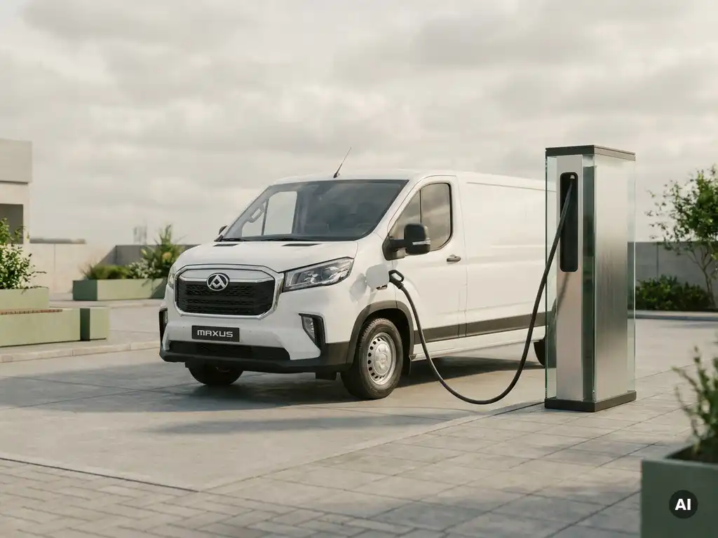 Witte elektrische Maxus bezorgbus aangesloten op commercieel laadstation op industrieel terrein, laadkabel zichtbaar, bewolkt daglicht.