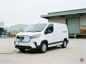 Witte elektrische Maxus bestelbus met laadkabel op industrieel bedrijventerrein, laadstation zichtbaar op achtergrond.