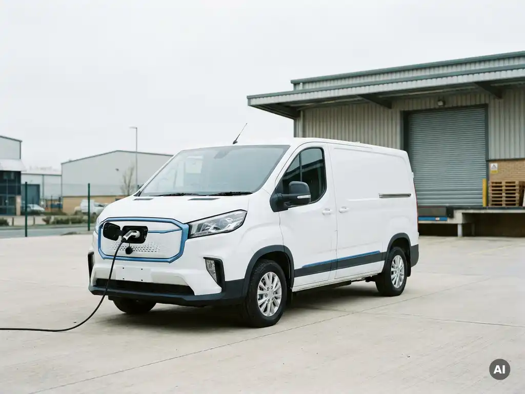 Witte elektrische Maxus bestelbus met laadkabel op industrieel bedrijventerrein, laadstation zichtbaar op achtergrond.
