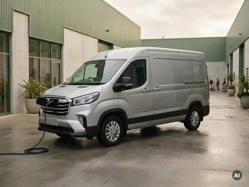 Elektrische Maxus bestelwagen aangesloten op laadkabel in moderne logistieke laadzone, zij-aanzicht op ooghoogte.