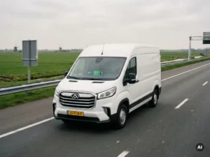 Witte elektrische Maxus bezorgbus rijdt op Nederlandse snelweg door vlak polderlandschap onder bewolkte lucht.