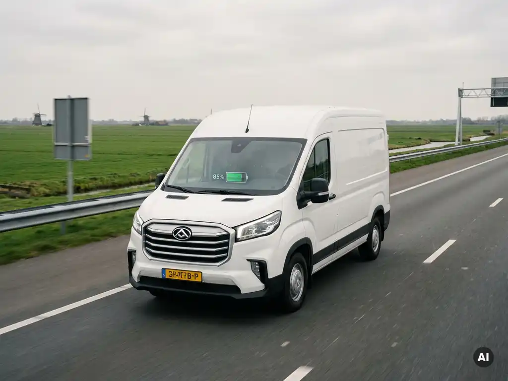 Witte elektrische Maxus bezorgbus rijdt op Nederlandse snelweg door vlak polderlandschap onder bewolkte lucht.