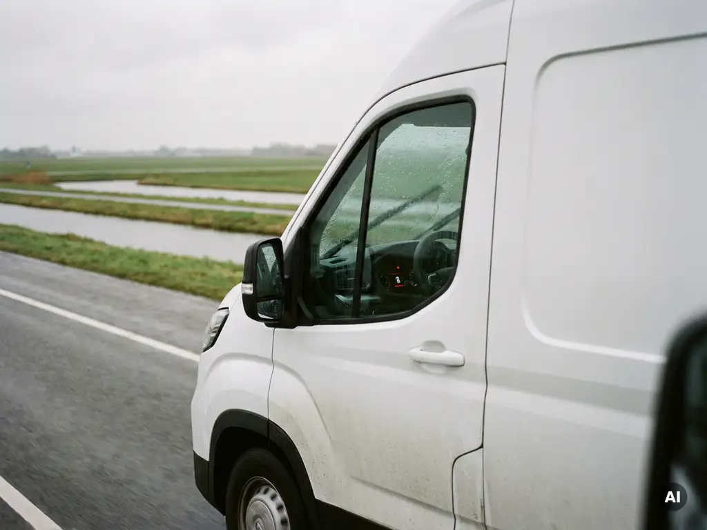Witte elektrische Maxus bezorgbus op snelweg door Nederlands polderlandschap met lage batterijindicator zichtbaar op dashboard.