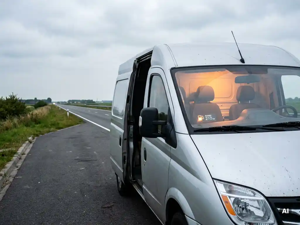 Witte elektrische Maxus bezorgbus geparkeerd bij een snelwegparkeerplaats, met open weg en bewolkte Nederlandse lucht op de achtergrond.