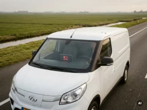 Witte Maxus elektrische bestelbus op Nederlandse snelweg met lage batterijindicator, vlak polderlandschap op de achtergrond.