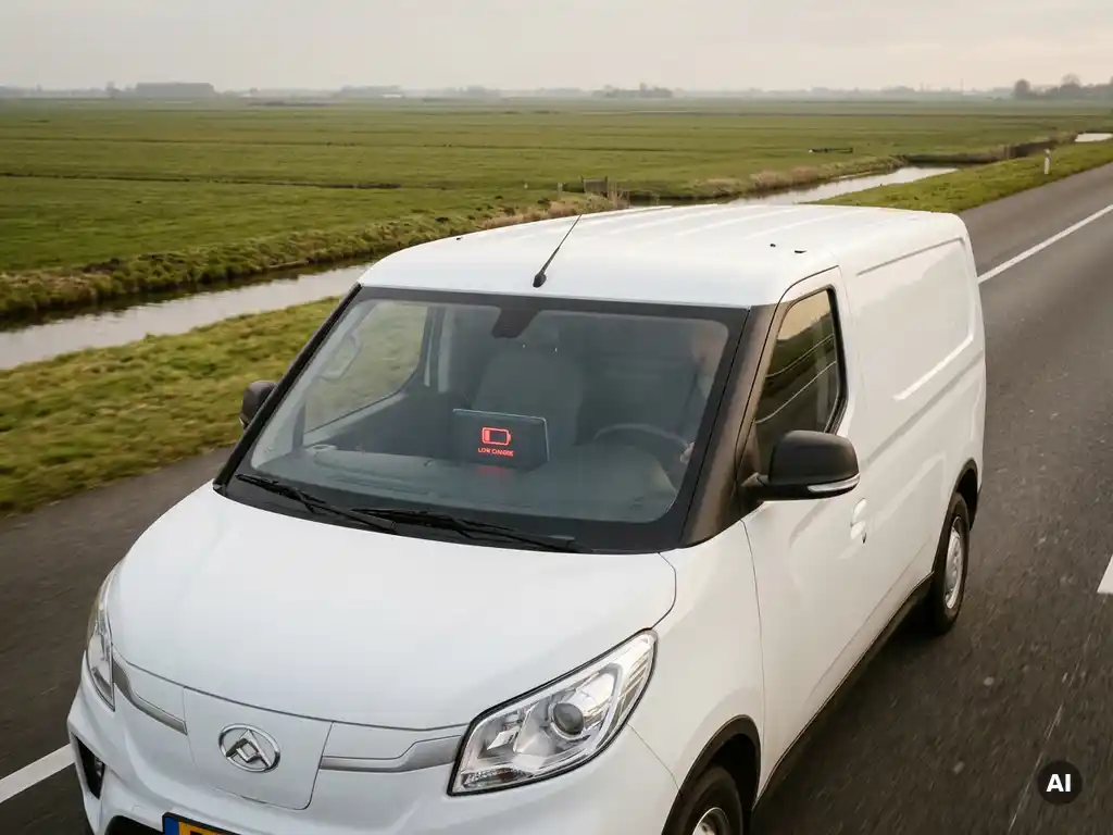 Witte Maxus elektrische bestelbus op Nederlandse snelweg met lage batterijindicator, vlak polderlandschap op de achtergrond.