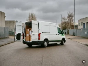 Volgeladen witte elektrische Maxus bestelbus op industrieweg met open achterdeuren, licht ingezakt onder het gewicht, bewolkte lucht.