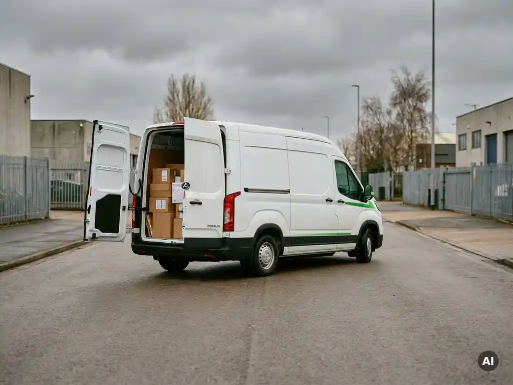 Volgeladen witte elektrische Maxus bestelbus op industrieweg met open achterdeuren, licht ingezakt onder het gewicht, bewolkte lucht.