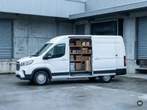 Witte elektrische Maxus bestelwagen met open laaddeuren op industrieel laadperron, gefotografeerd op ooghoogte bij bewolkt daglicht.