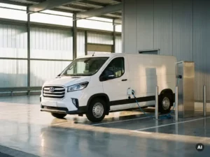 Witte elektrische Maxus bezorgbus aan laadpaal bij moderne stadsdock, ochtendlicht op betonnen vloer, lichte industriële achtergrond.