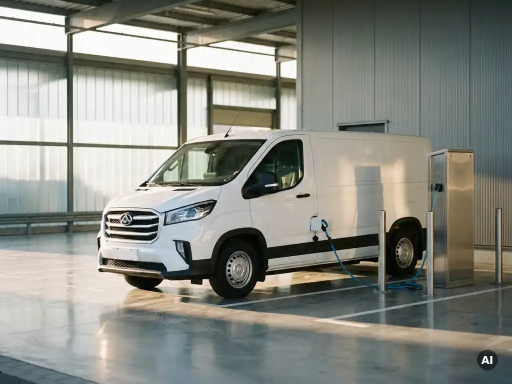 Witte elektrische Maxus bezorgbus aan laadpaal bij moderne stadsdock, ochtendlicht op betonnen vloer, lichte industriële achtergrond.