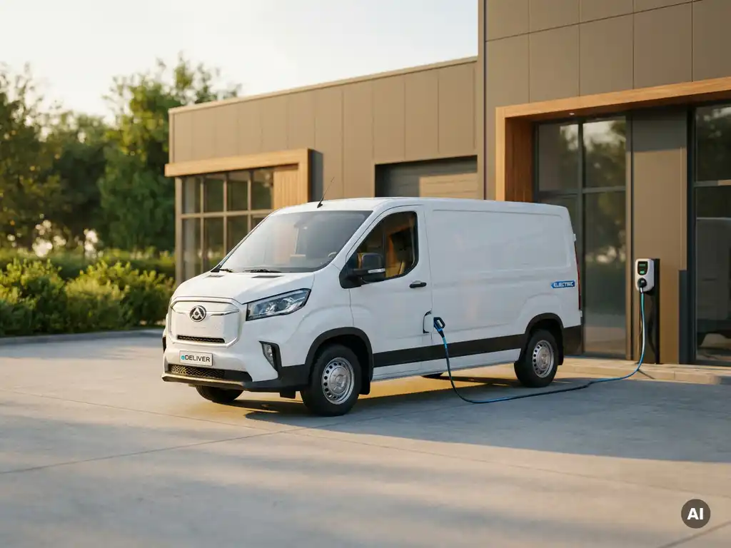 Witte elektrische Maxus bezorgbus aangesloten op laadkabel bij modern logistiek centrum, fotografisch bij gouden-uurlicht.