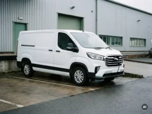 Witte elektrische Maxus bezorgbus op laadpunt bij commercieel laaddok, bewolkt Noord-Europees daglicht.