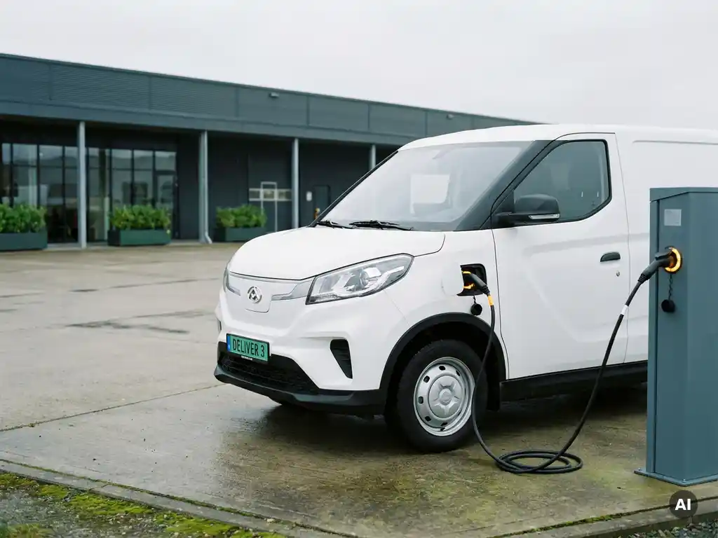 Witte elektrische Maxus bezorgbus aangesloten op laadkabel bij modern logistiek depot onder bewolkte Europese hemel.