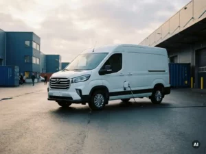Witte elektrische Maxus bezorgbus aangesloten op laadkabel op een stedelijk logistiek terrein, strak zijaanzicht bij bewolkt daglicht.