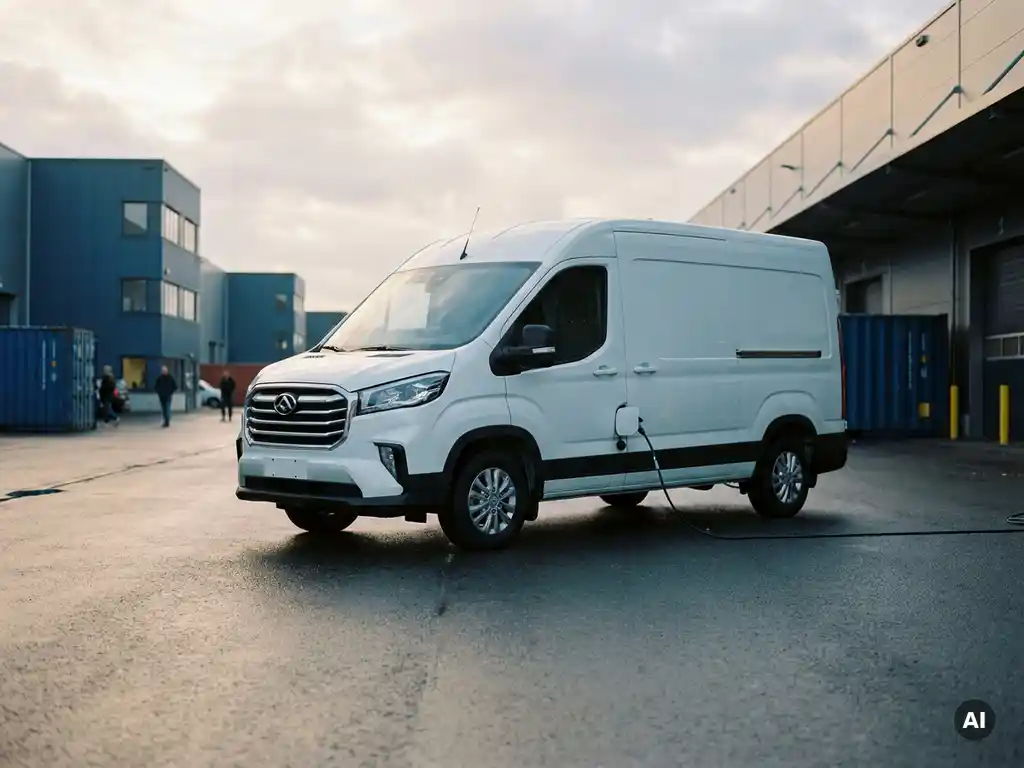 Witte elektrische Maxus bezorgbus aangesloten op laadkabel op een stedelijk logistiek terrein, strak zijaanzicht bij bewolkt daglicht.