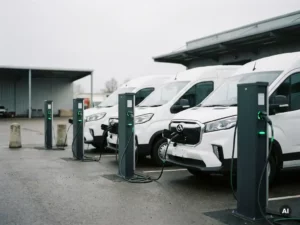 Drie witte elektrische Maxus bestelwagens tegelijk opgeladen bij laadstations in een commercieel depot, met groene indicatielampjes.