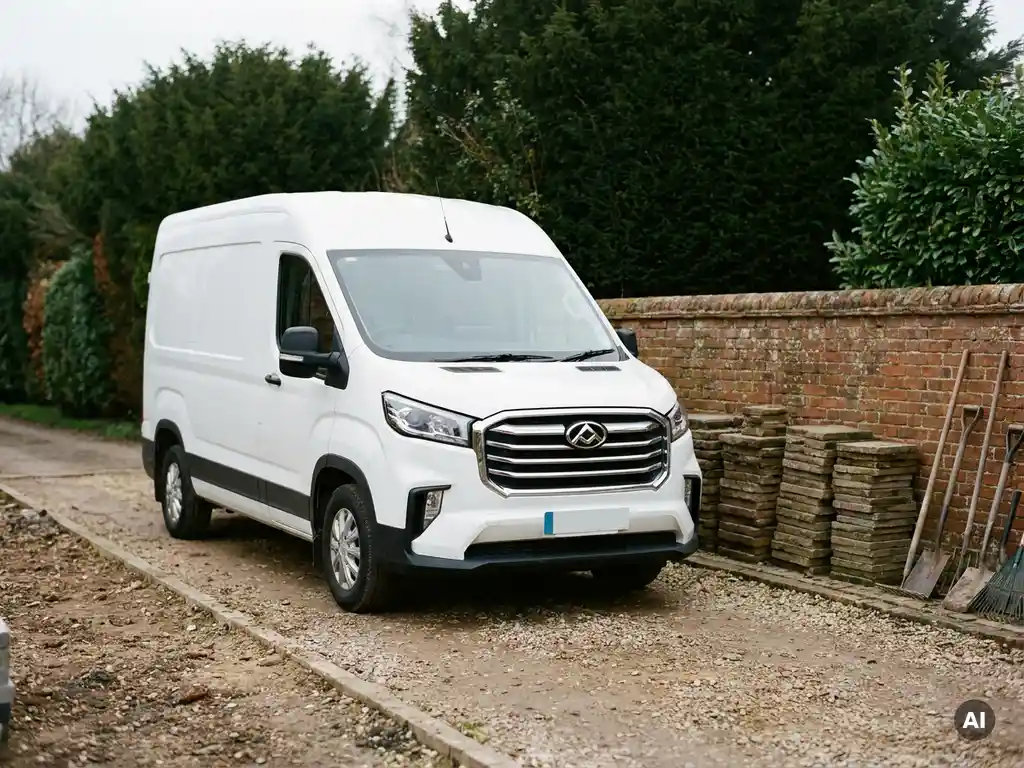 Witte elektrische Maxus bestelwagen op een woonbouwplaats, omgeven door stapels bestratingstegels en tuingereedschap tegen een lage bakstenen muur.