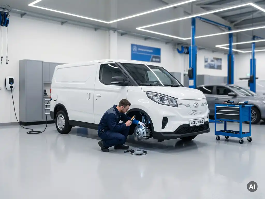 Monteur inspecteert remonderdelen van een witte Maxus elektrische bestelwagen in een moderne, lichte werkplaats.