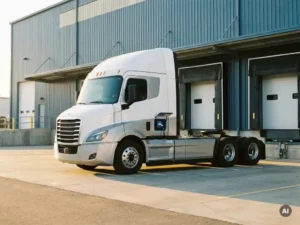 Elektrische vrachtwagen bij modern logistiek distributiecentrum in gouden middaglicht, witte en zilveren carrosserie met zichtbare laadpoort.