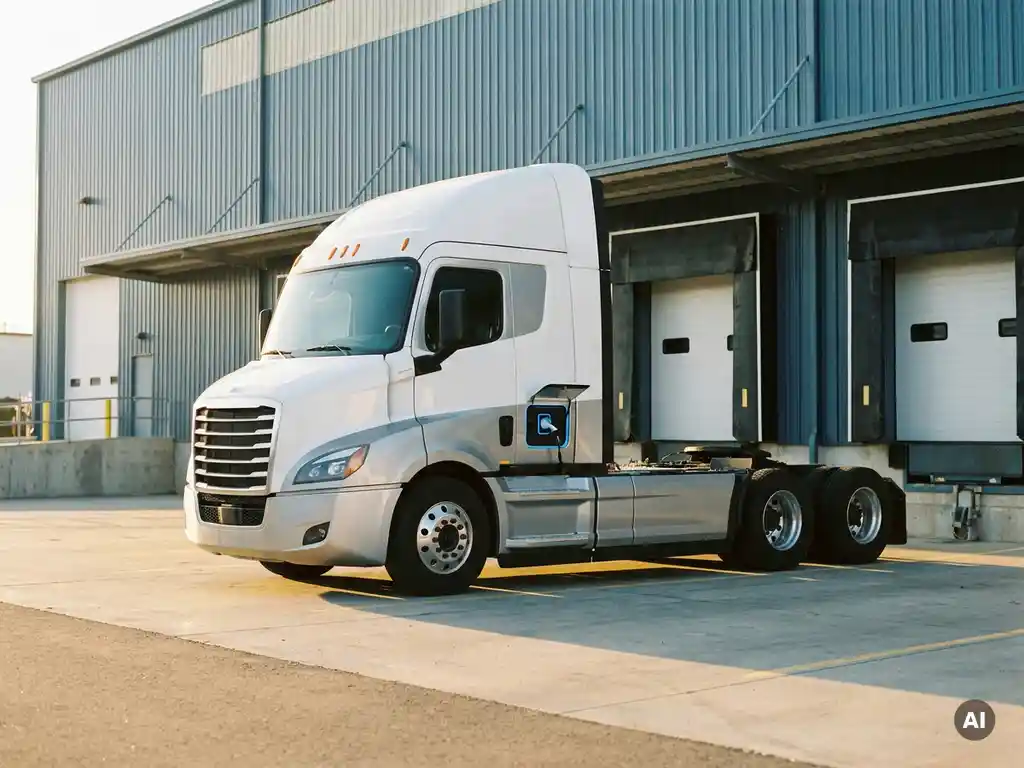 Elektrische vrachtwagen bij modern logistiek distributiecentrum in gouden middaglicht, witte en zilveren carrosserie met zichtbare laadpoort.