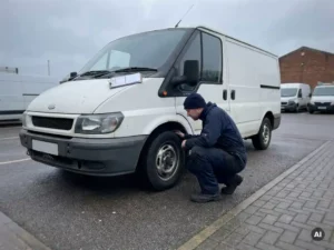 Monteur in donkere werkkleding die wielombouw van witte bestelbus inspecteert op commercieel terrein.