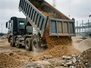 Zware kiepauto met omhooggekantelde laadbak die grind stort op een bouwplaats, lage camerahoek, bewolkte lucht.