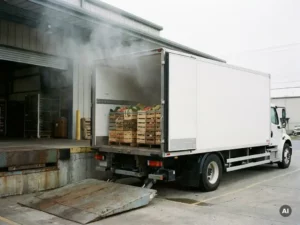 Gekoelde vrachtwagen met open laadklep bij distributiedock, koude mist stijgt op uit gestapelde kratten verse producten.