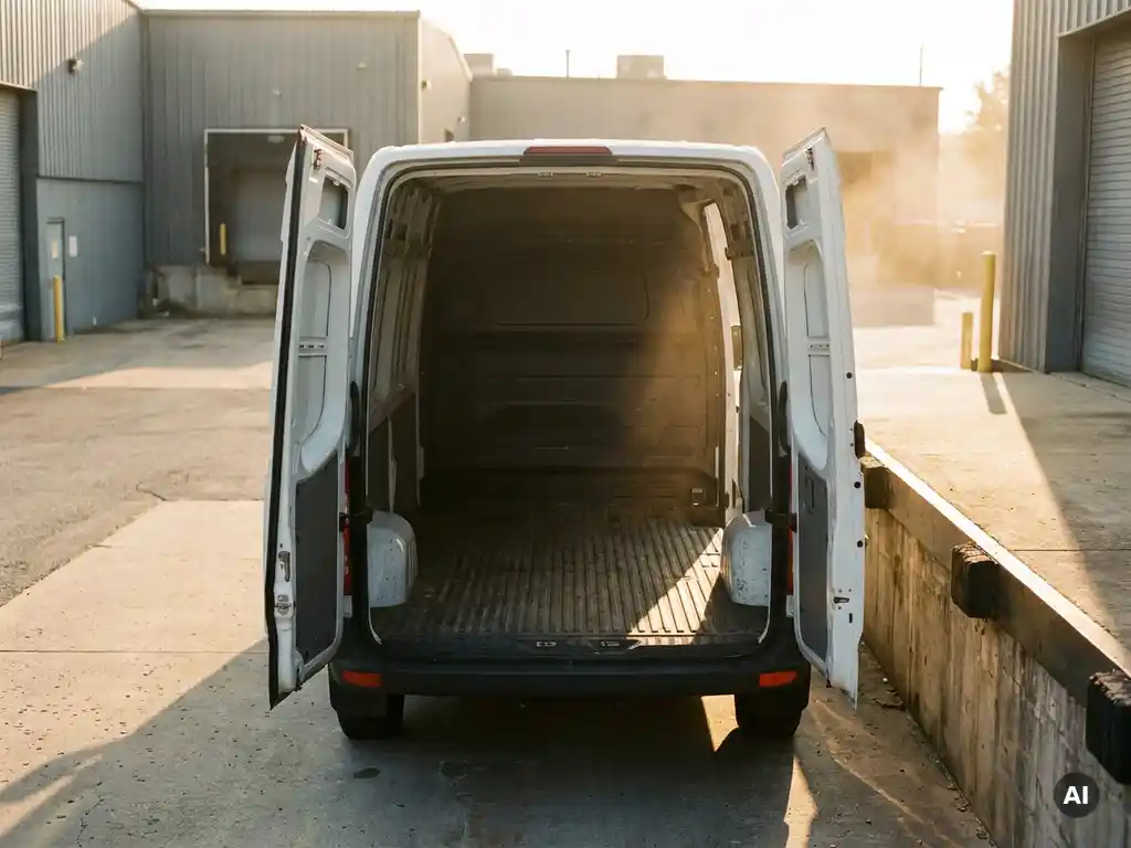 Witte bestelbus met volledig geopende achterdeuren en geribbelde rubbermat op laadvloer, geparkeerd op industrieel laadperron in middagzon.